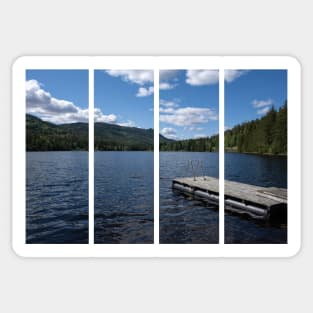 Pad on a wooden floating platform. Metal ladder to get out of the water of a beautiful fjord in Norway. Rippled sea. Sunny spring day. No people Sticker